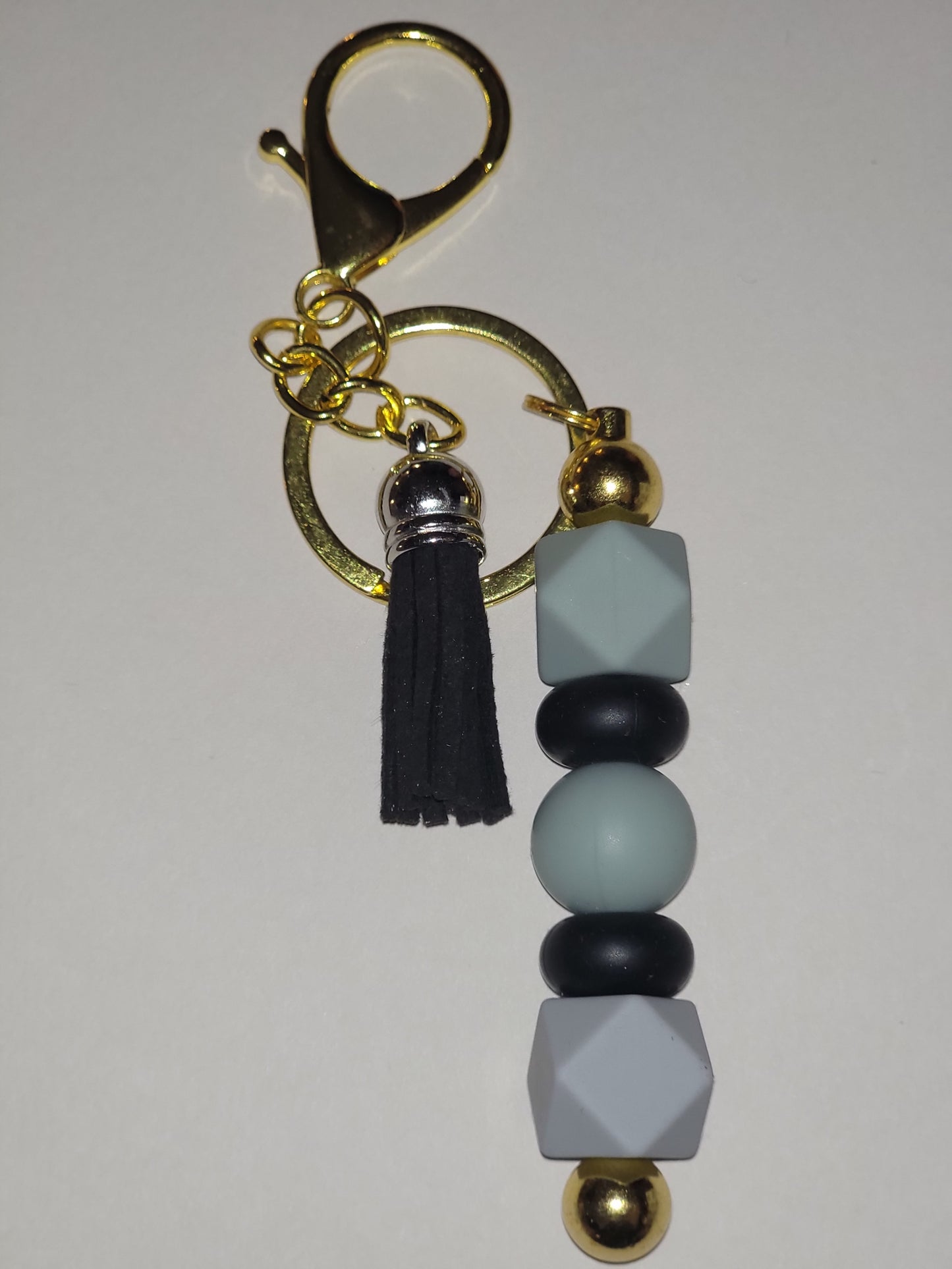 Gray Beaded Keychain with Black Tassel