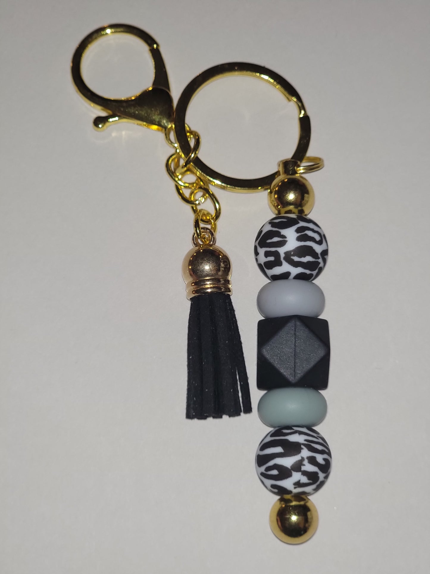 Leopard Print & Black Beaded Keychain with Tassel