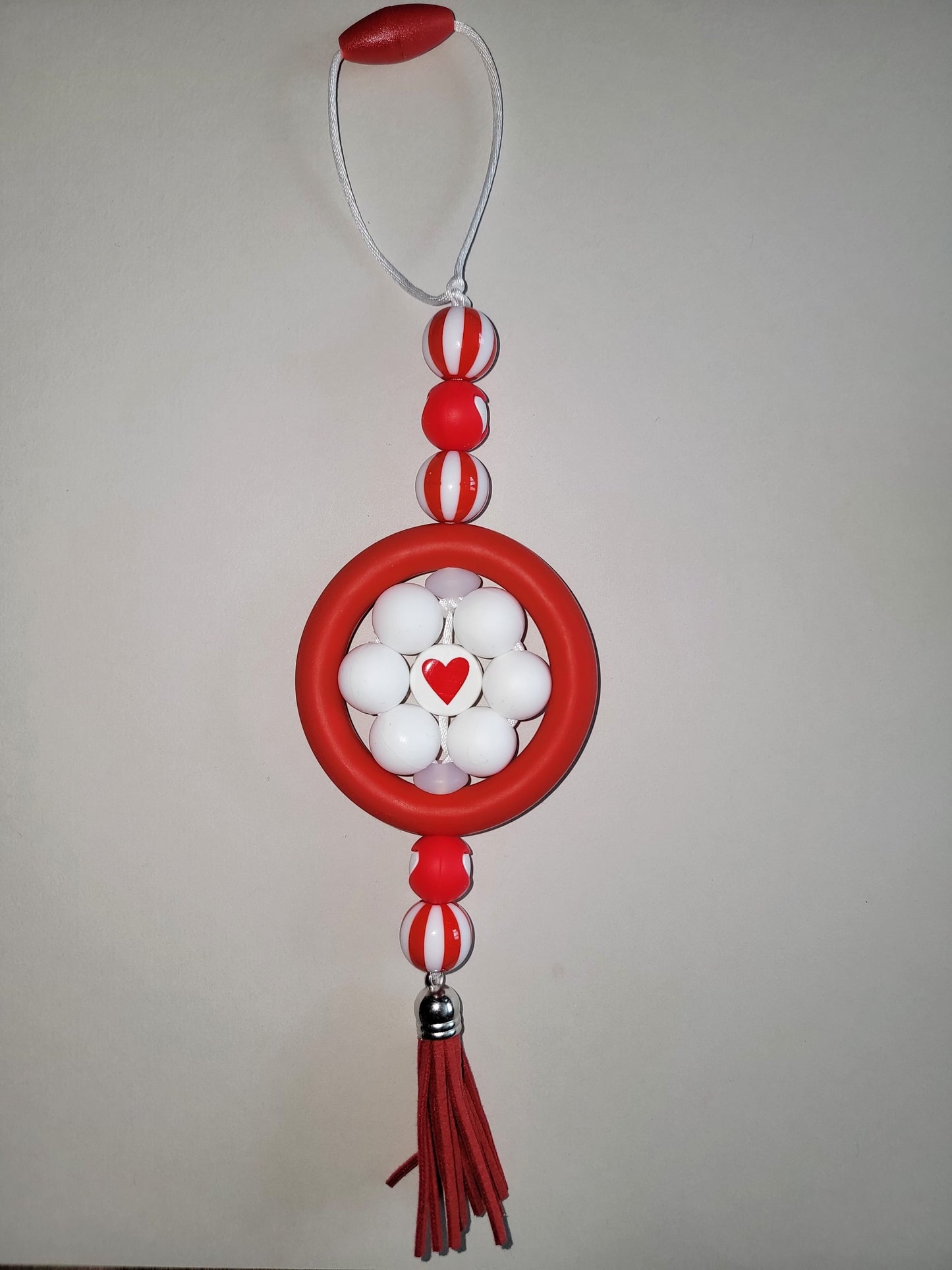 Charming Red & White Striped Beaded Car Charm with Heart Accent
