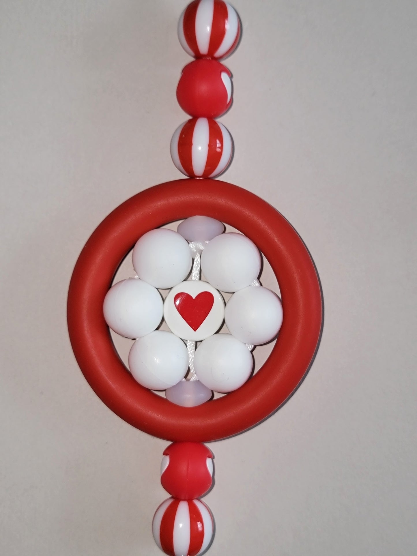 Charming Red & White Striped Beaded Car Charm with Heart Accent