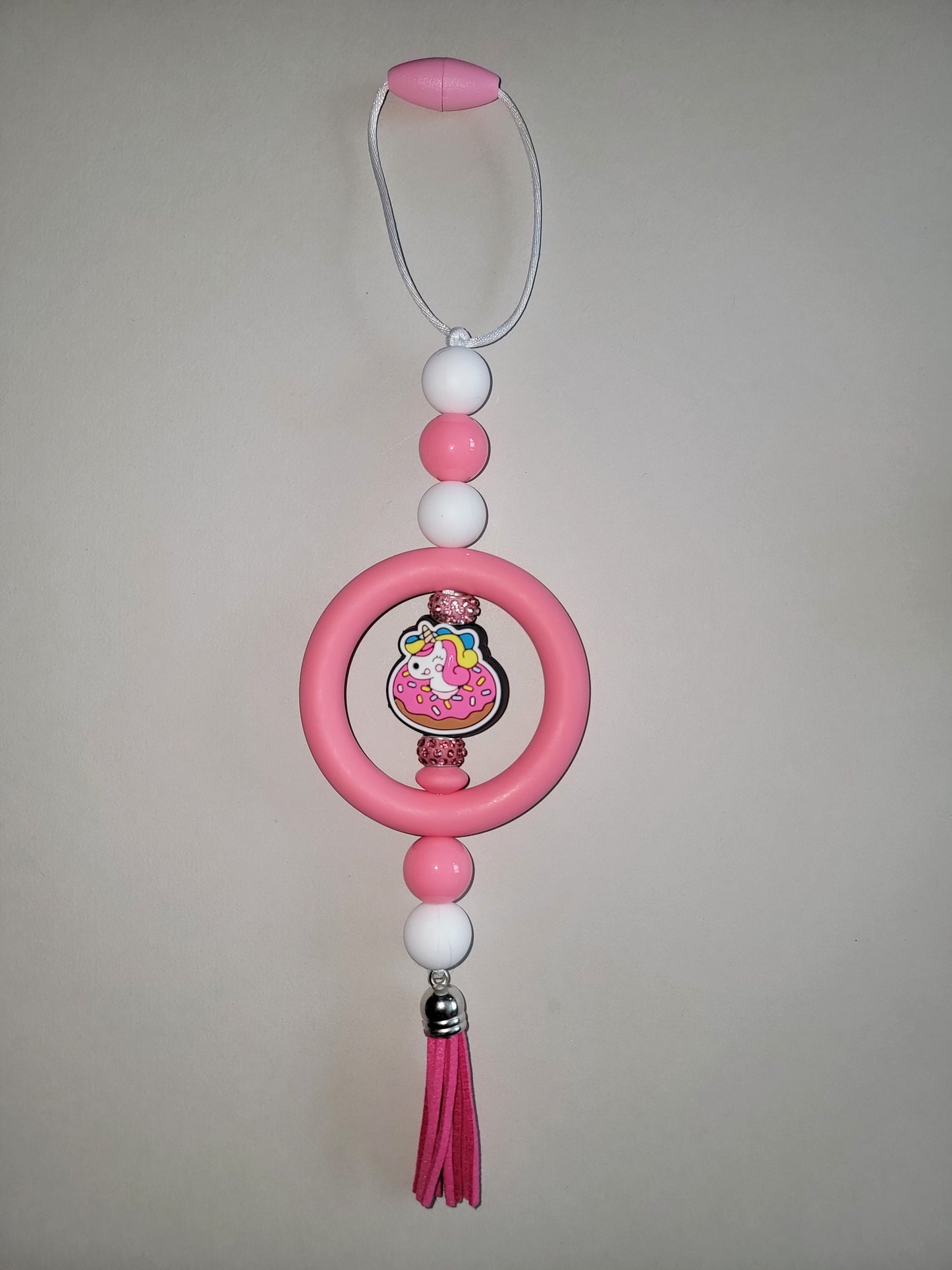 Whimsical Pink & White Beaded Car Charm with Unicorn Donut Accent