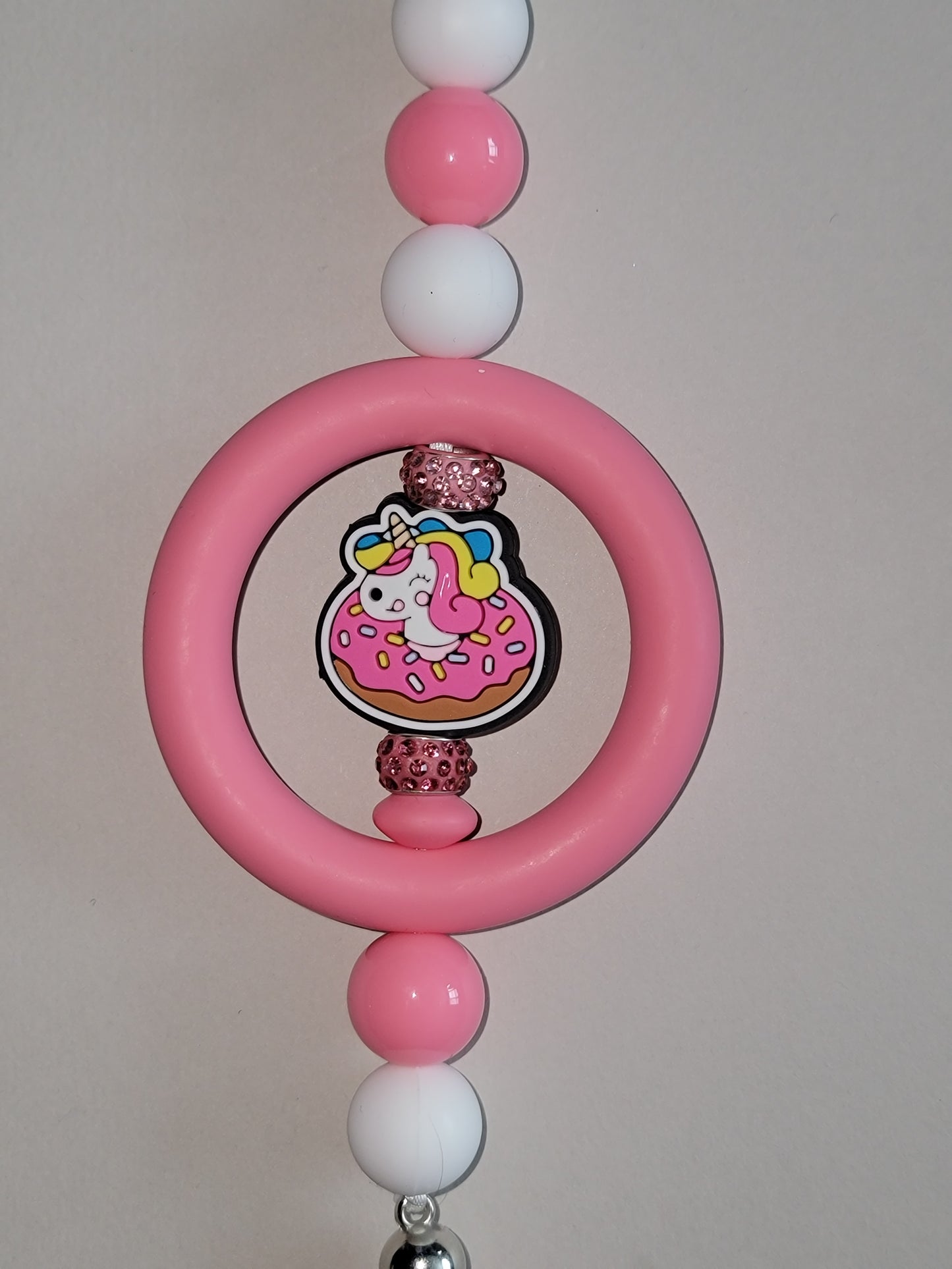 Whimsical Pink & White Beaded Car Charm with Unicorn Donut Accent