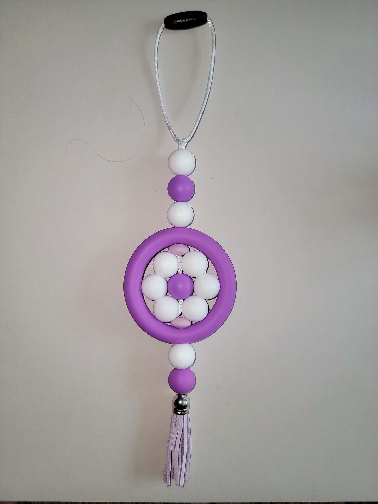 Sophisticated Purple & White Beaded Car Charm with Elegant Center