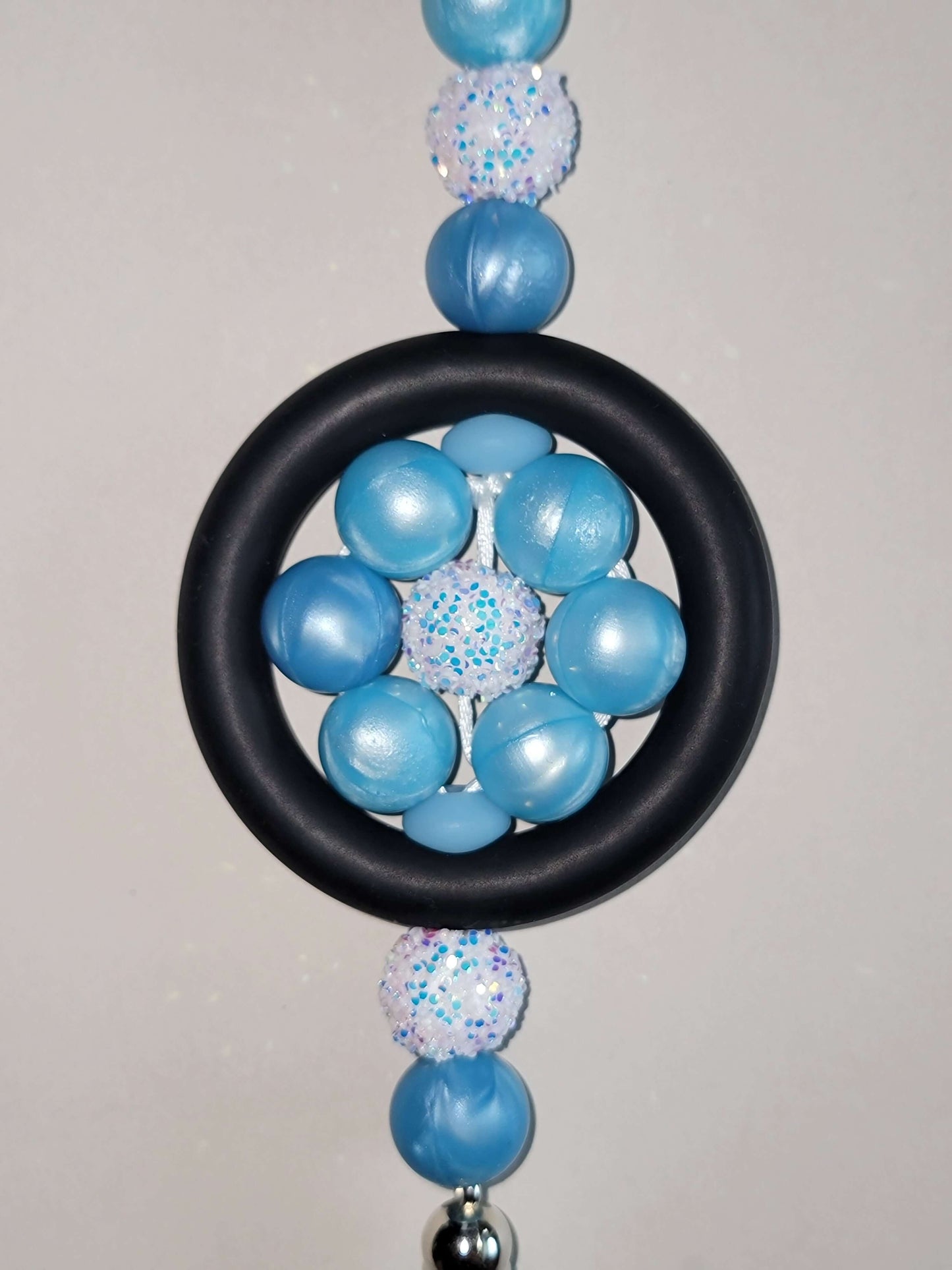 Elegant Blue & White Sparkly Beaded Car Charm with Textured Accents