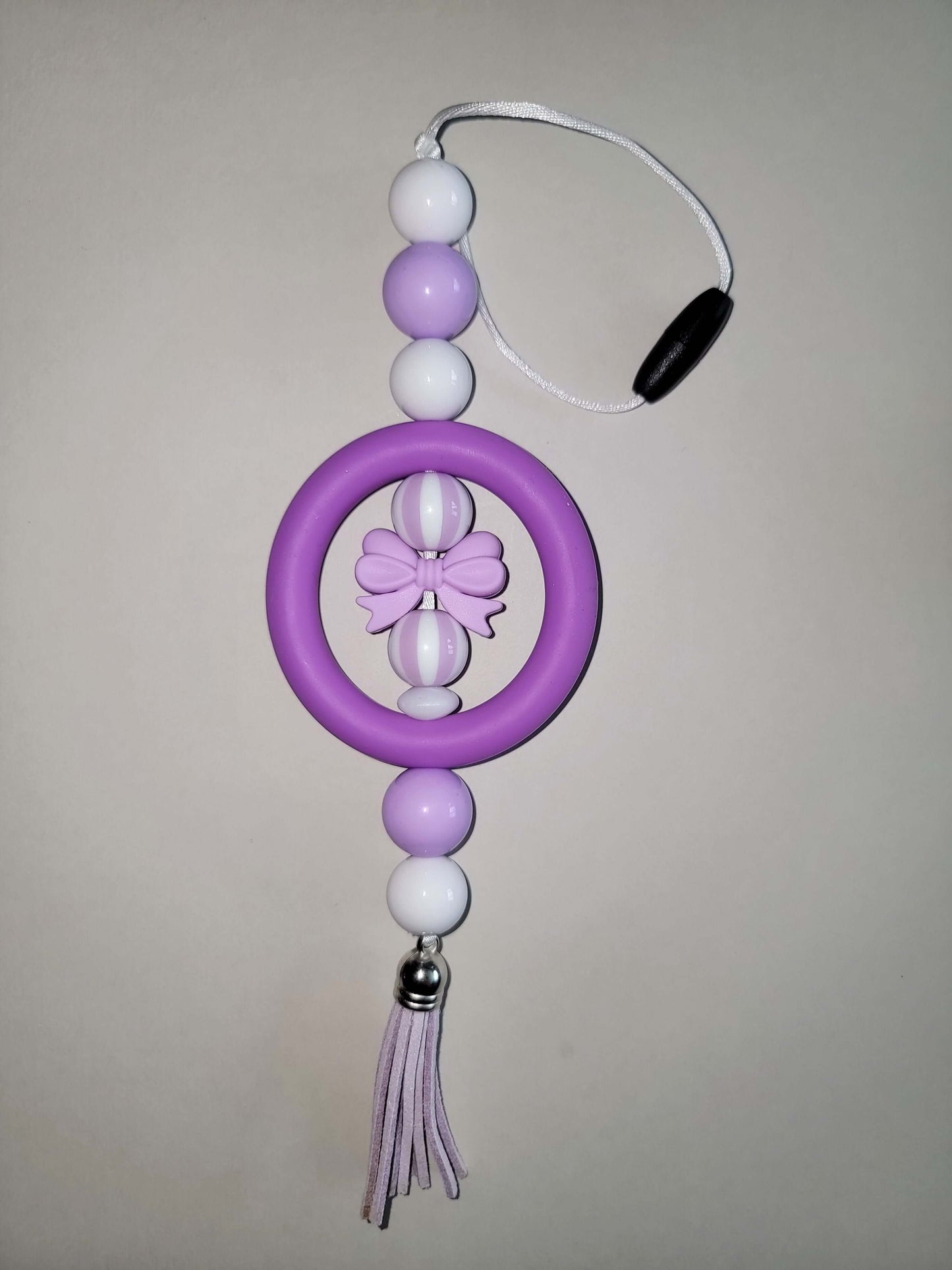 Charming Purple & White Beaded Car Charm with Bow Accent