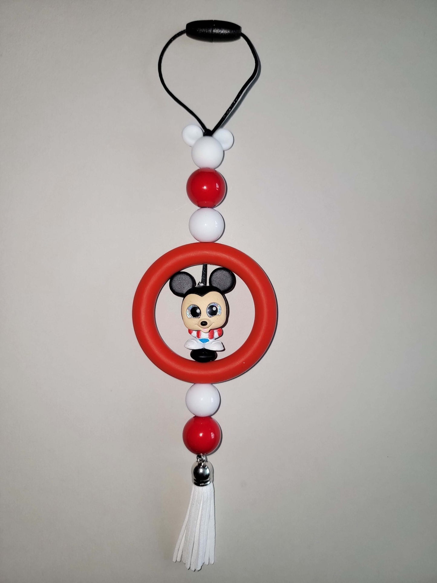 Classic Red & White Beaded Car Charm with Mouse-Inspired Accent