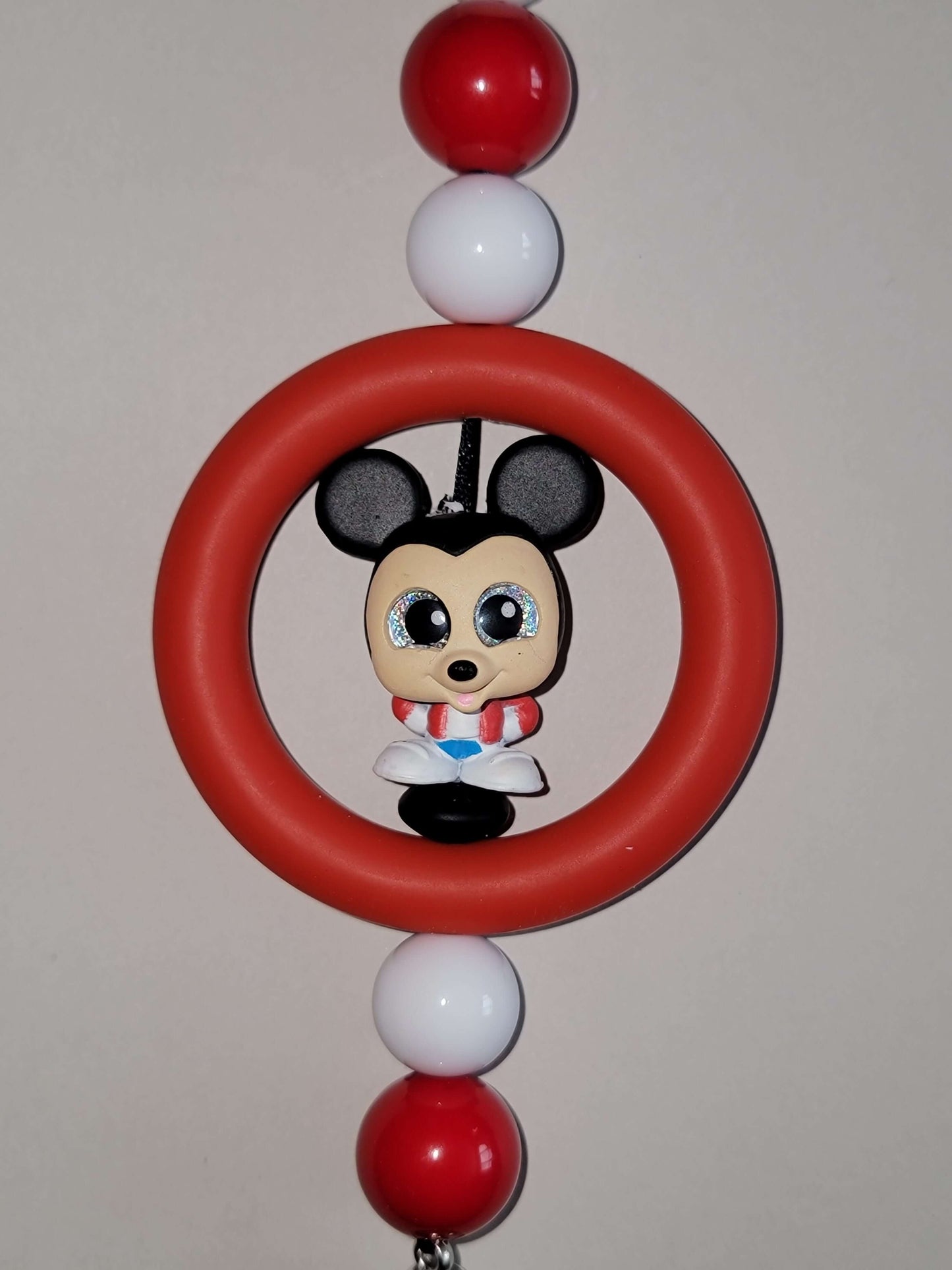 Classic Red & White Beaded Car Charm with Mouse-Inspired Accent