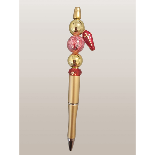 Beaded Pen – "Red Shield with Gold Cross" Charm