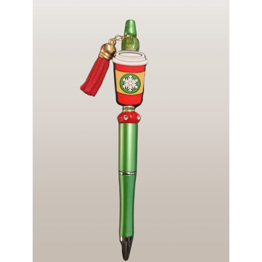 Beaded Pen with "Red Coffee Cup" Snowflake Focal