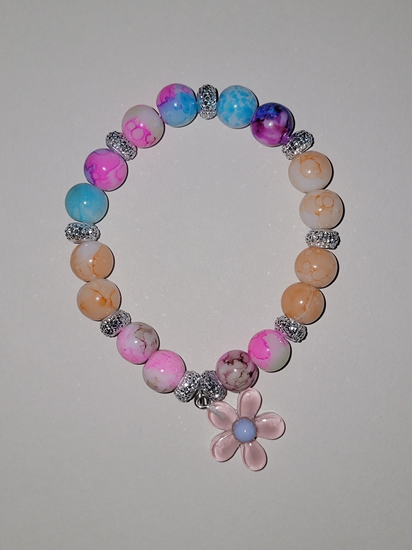 Pink Flower Charm Beaded Bracelet