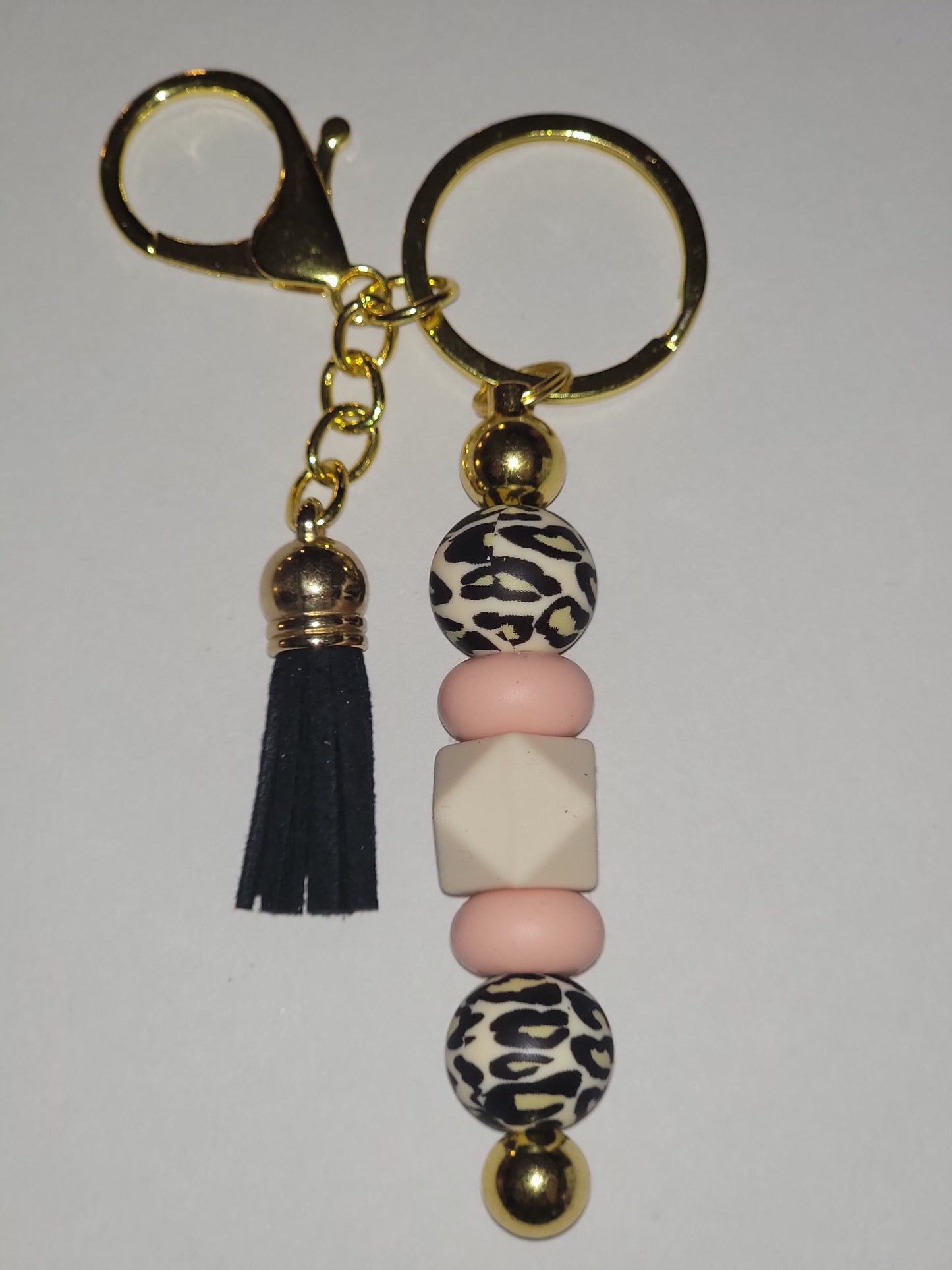 Leopard Print & Cream Beaded Keychain with Black Tassel