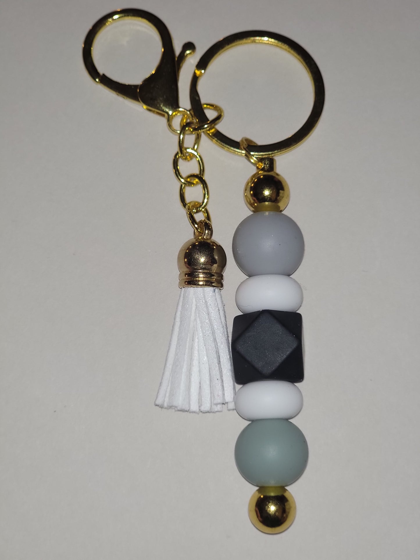 Gray & Black Beaded Keychain with White Tassel