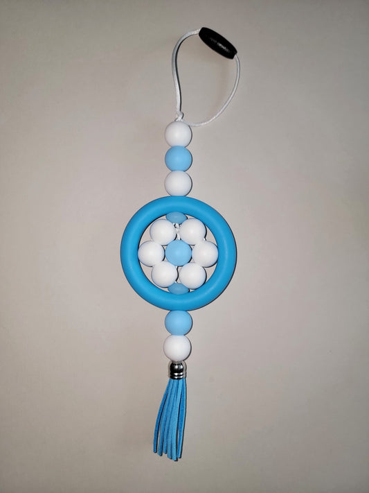 Elegant Blue & White Beaded Car Charm with Tassel