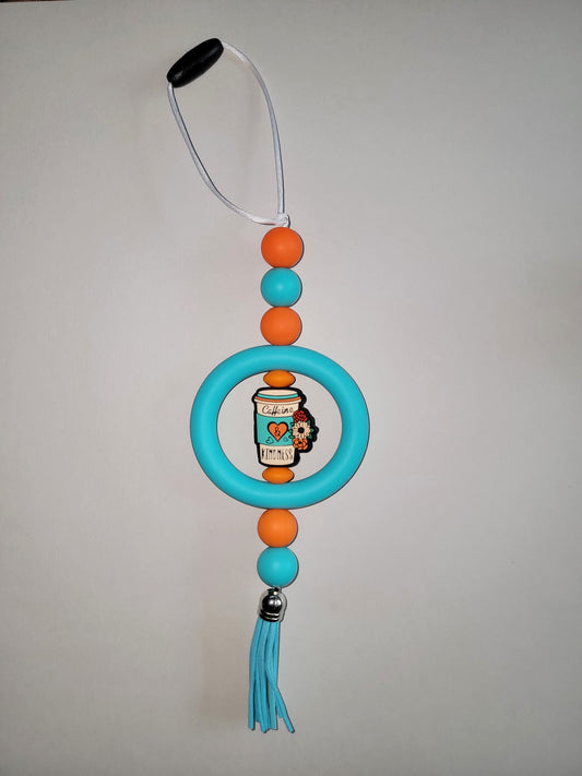 Caffeine & Kindness Beaded Car Charm with Coffee Cup Accent