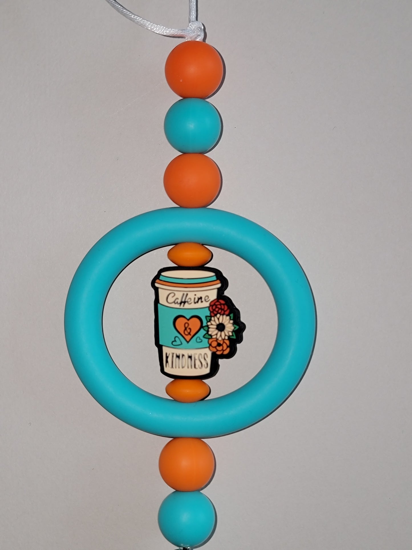 Caffeine & Kindness Beaded Car Charm with Coffee Cup Accent