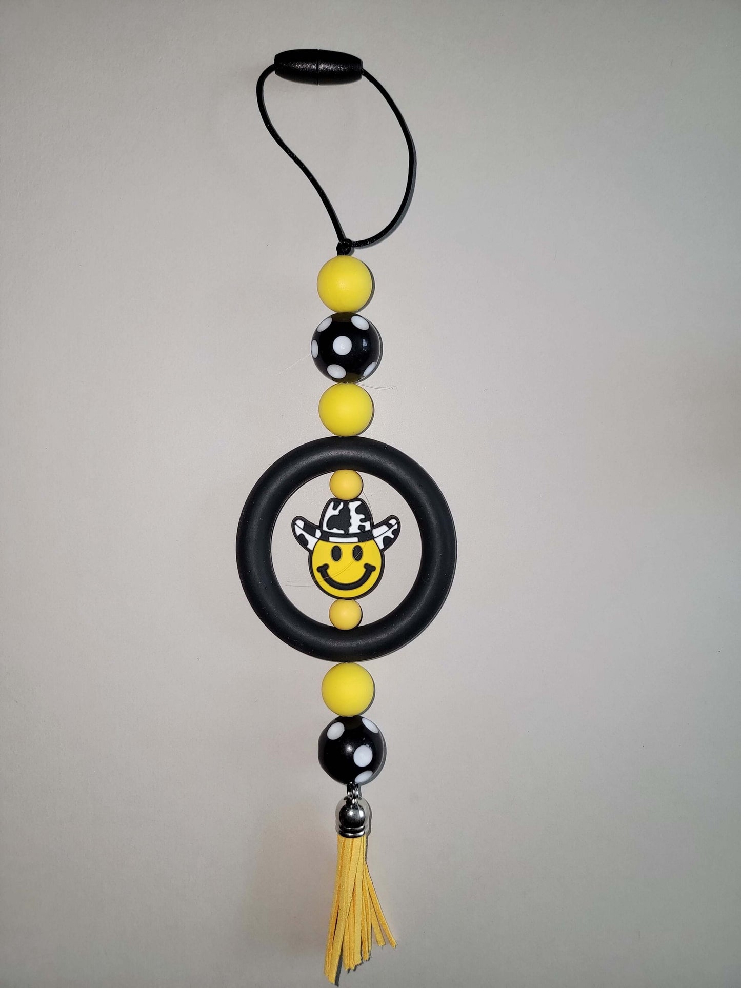 Cheerful Polka Dot Beaded Car Charm with Smiley Face Cowboy Accent