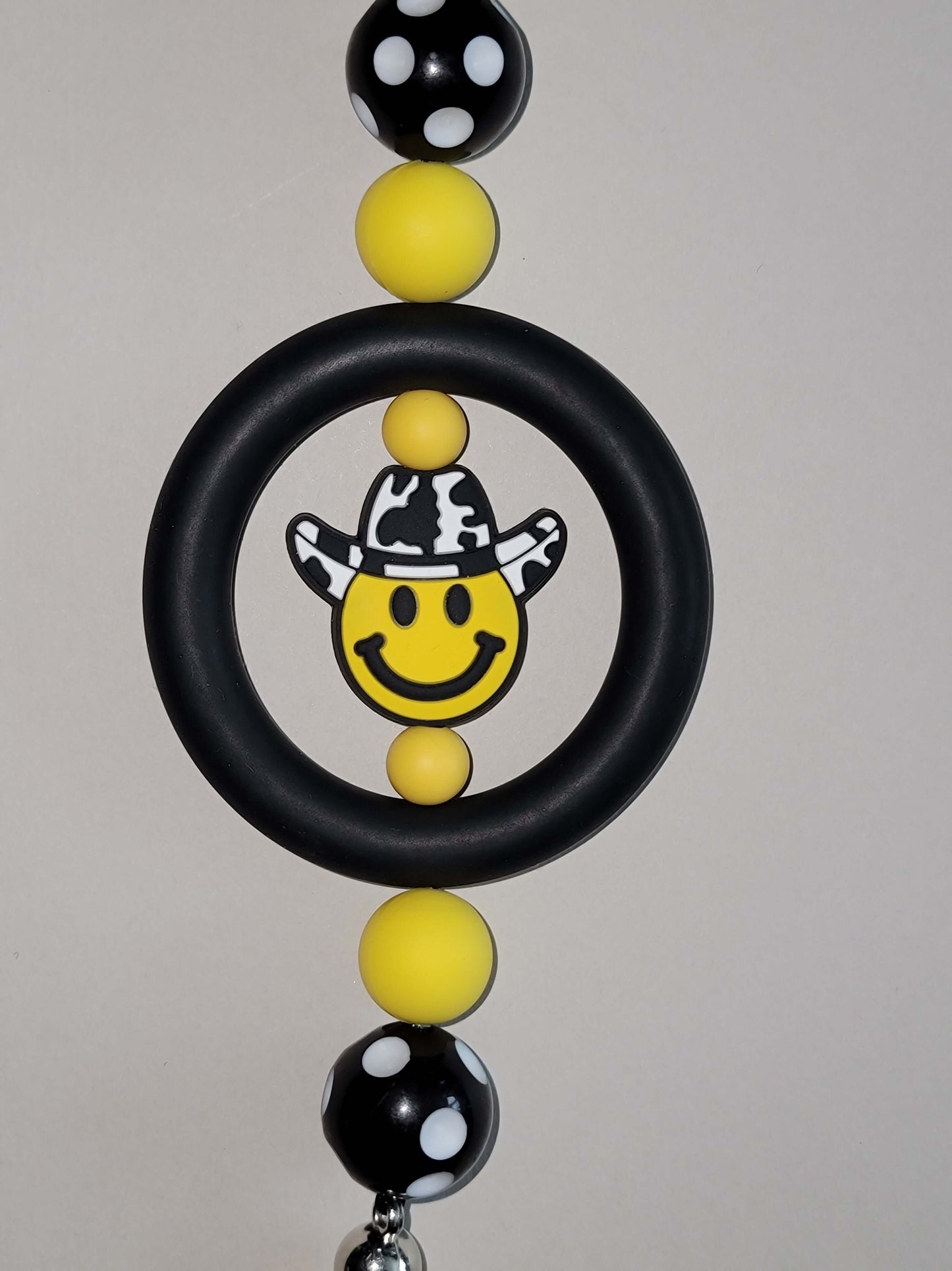 Cheerful Polka Dot Beaded Car Charm with Smiley Face Cowboy Accent
