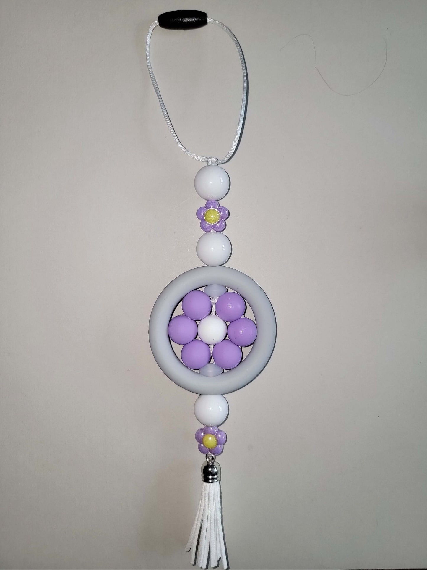 Elegant Purple & White Beaded Car Charm with Floral Accents