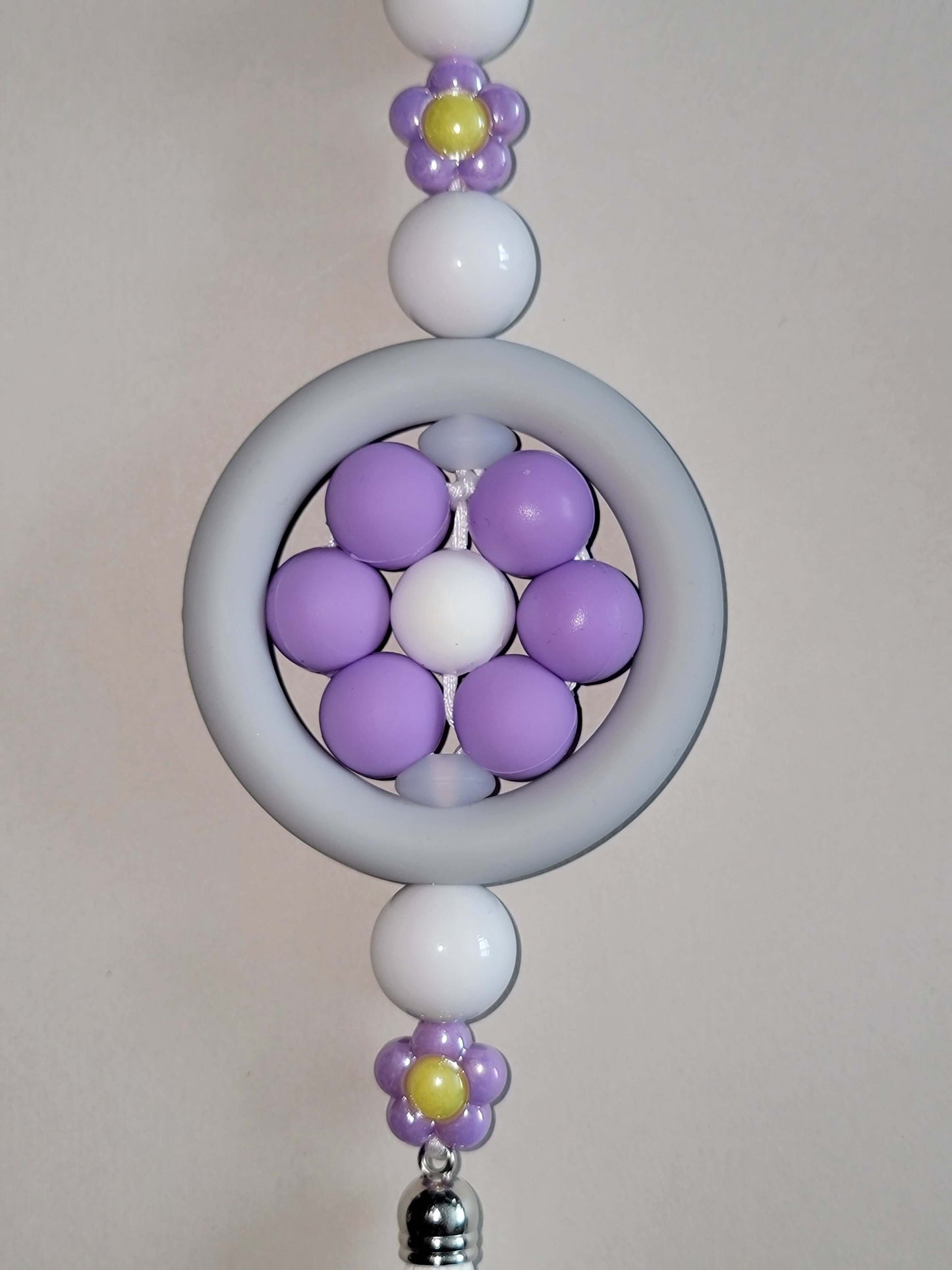 Elegant Purple & White Beaded Car Charm with Floral Accents