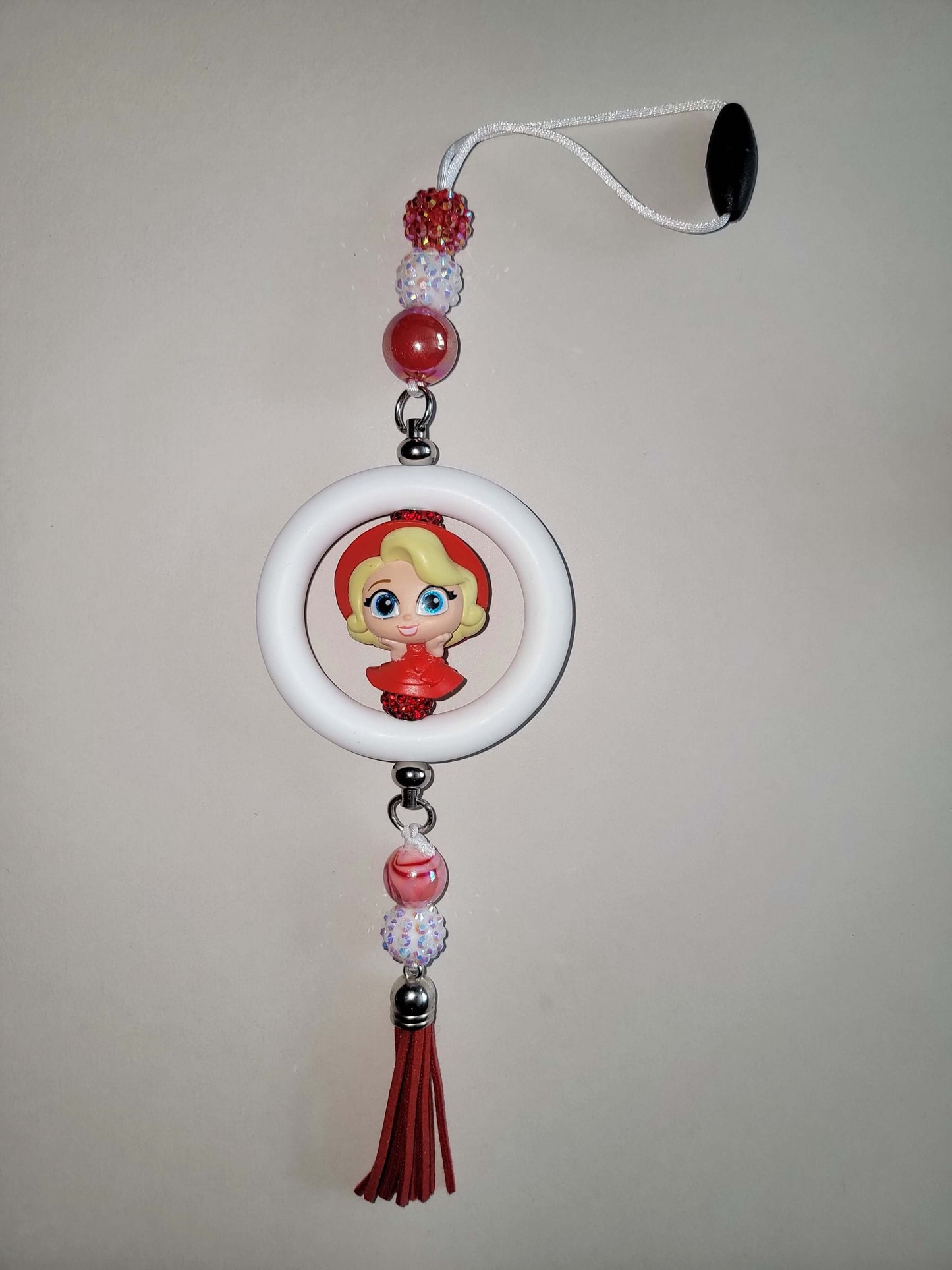 Regal Red & White Beaded Car Charm with Princess-Inspired Accent