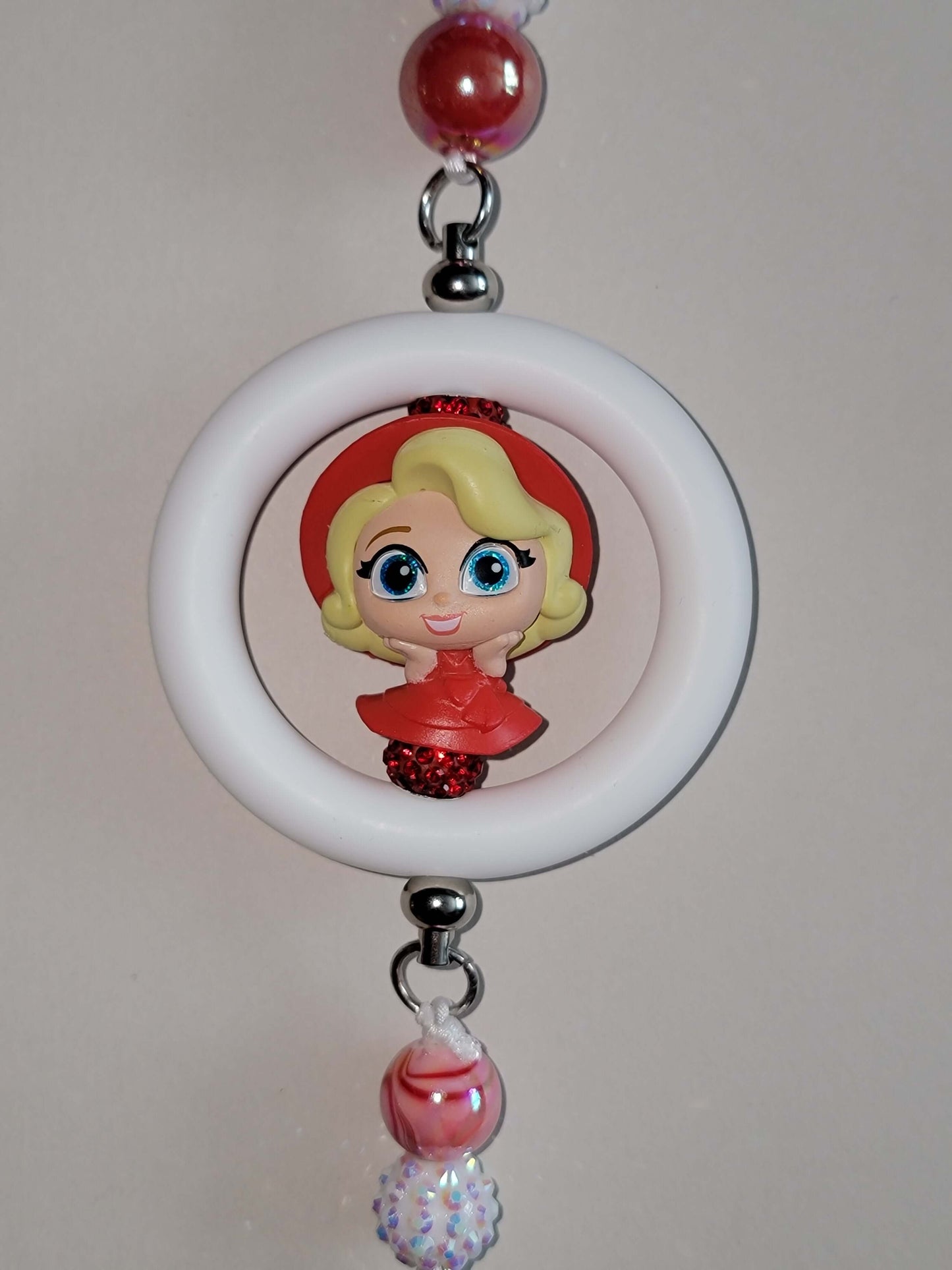 Regal Red & White Beaded Car Charm with Princess-Inspired Accent