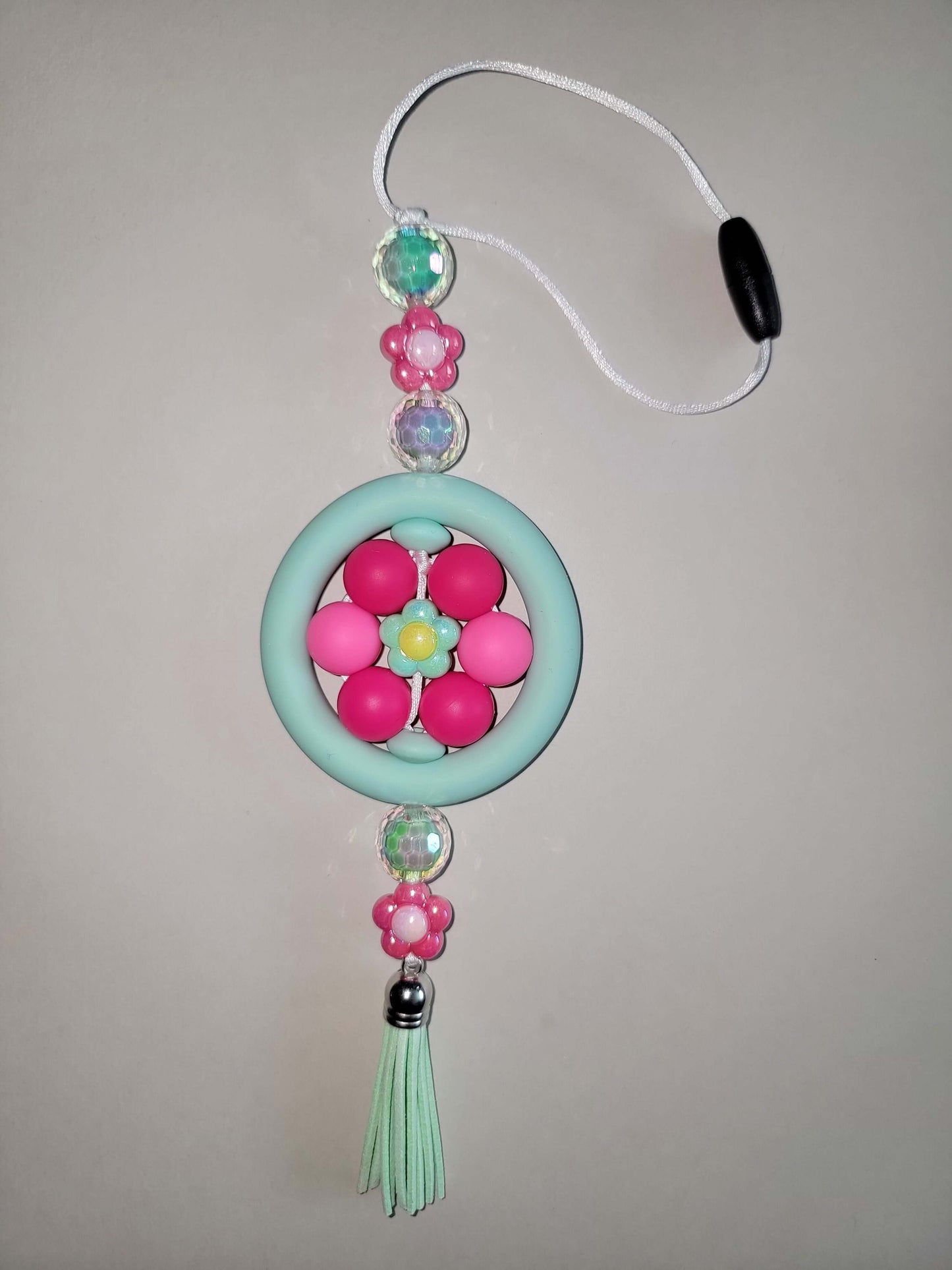 Delightful Blue & Pink Beaded Car Charm with Floral Accents