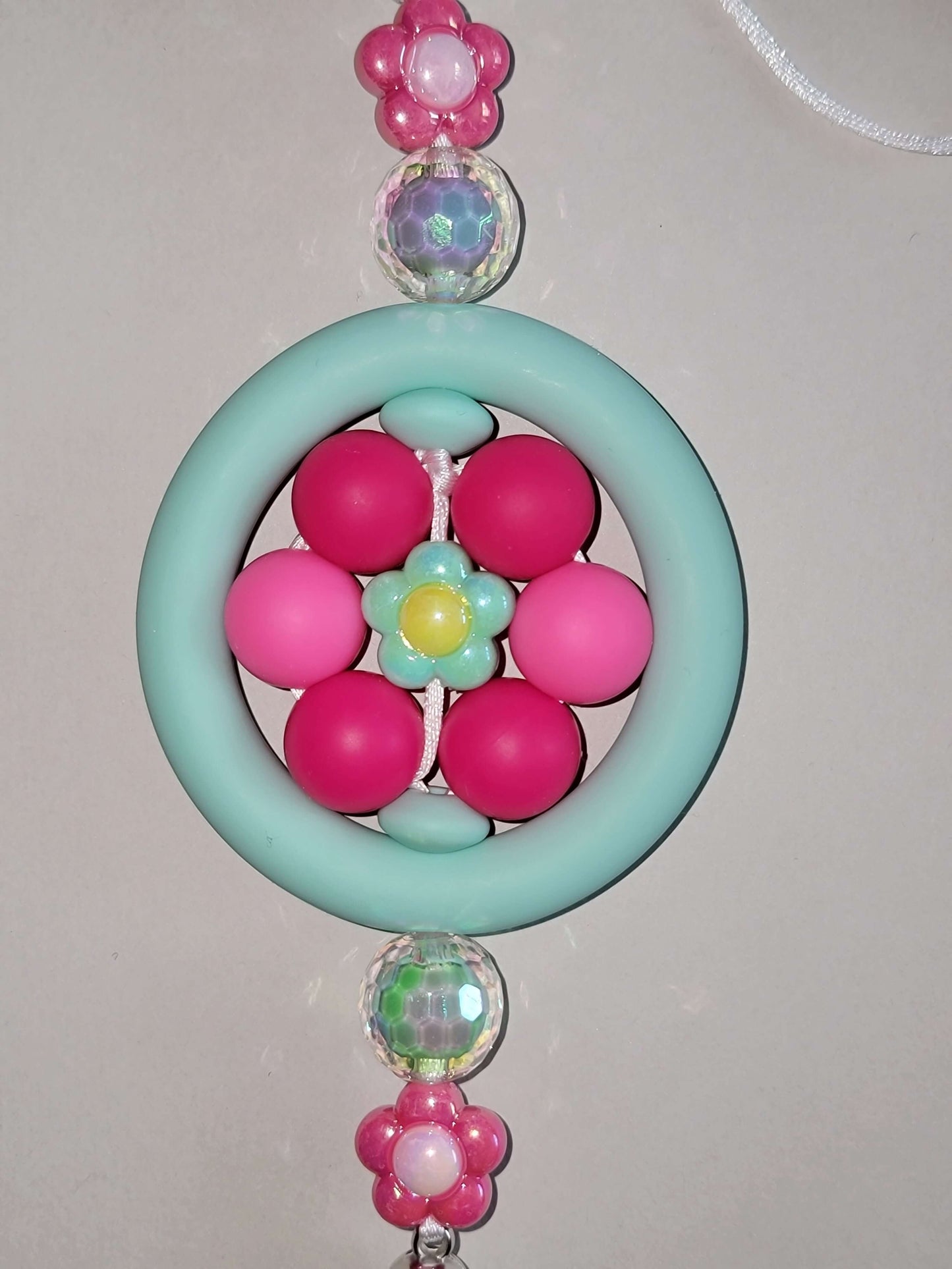 Delightful Blue & Pink Beaded Car Charm with Floral Accents