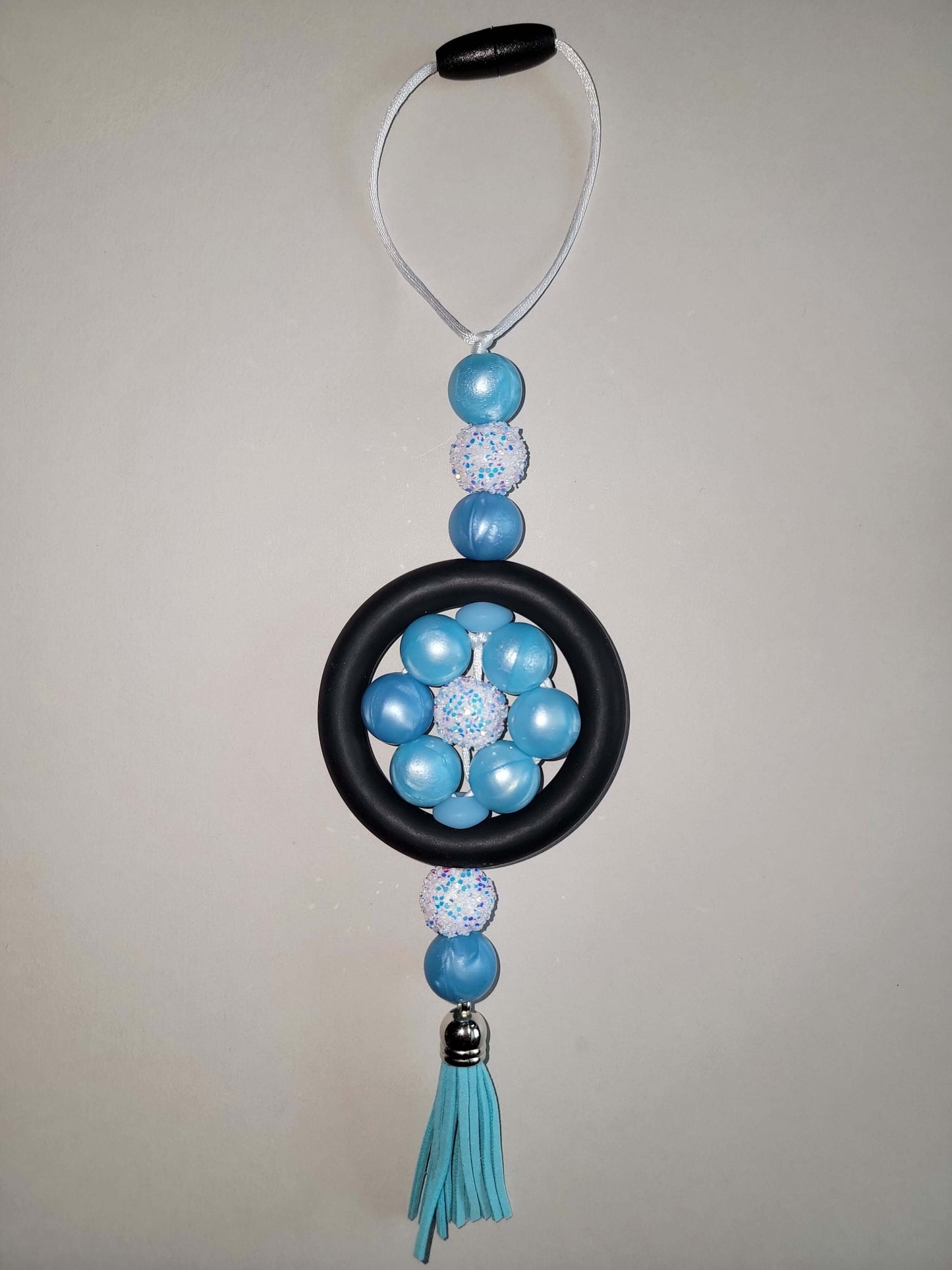 Elegant Blue & White Sparkly Beaded Car Charm with Textured Accents