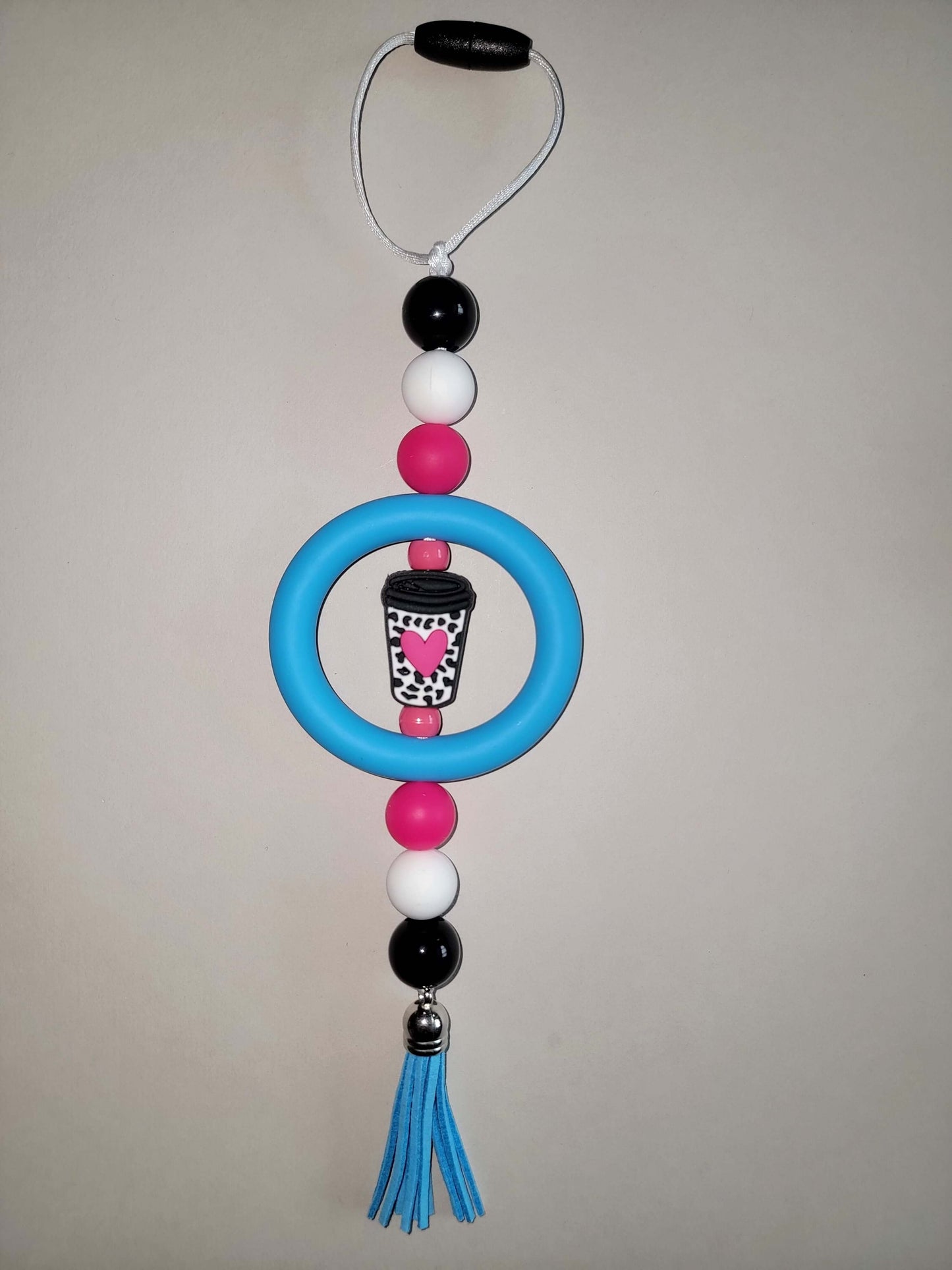 Chic Cow Print Beaded Car Charm with Coffee Cup Accent